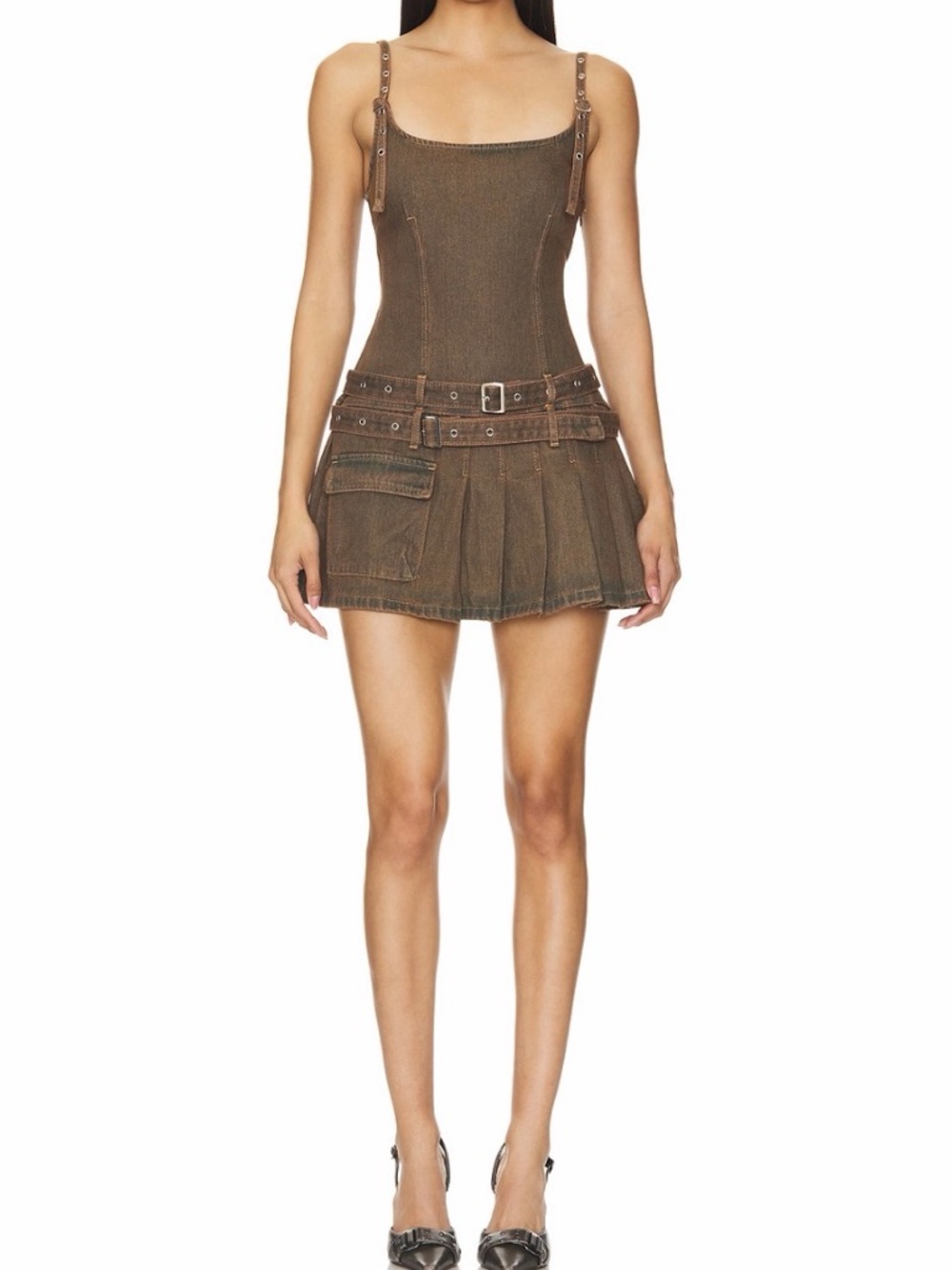Lioness Brown Tank Mini Dress with Belted Pleated Skirt